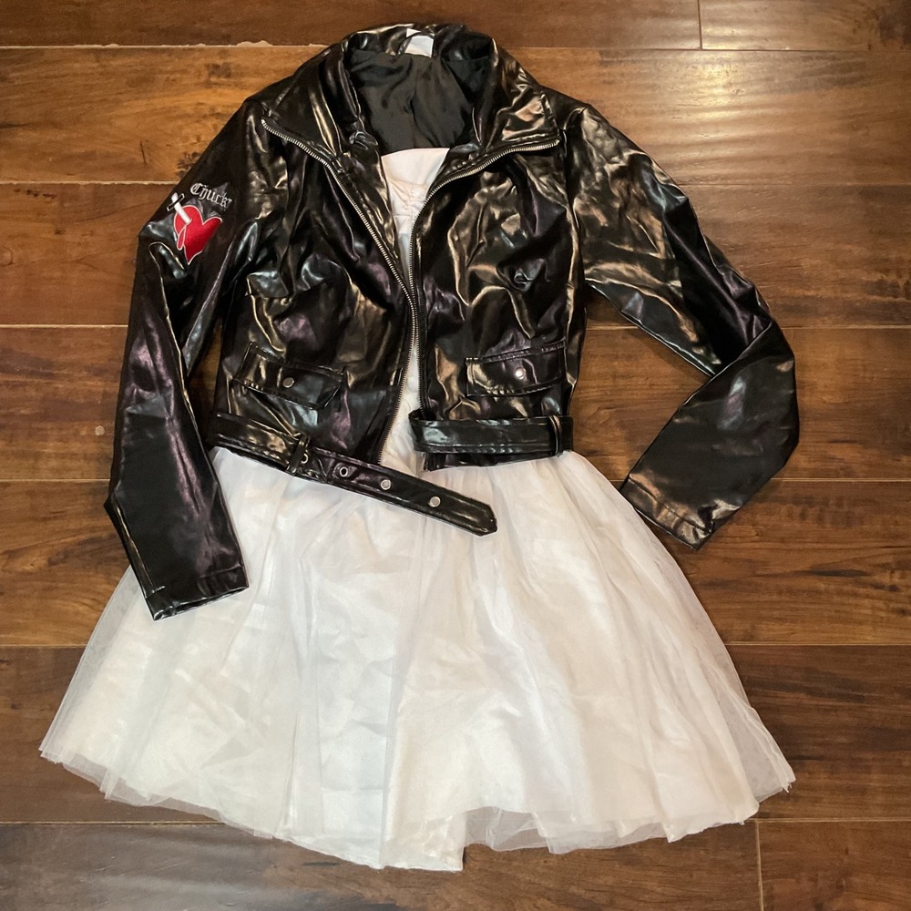 Bride of Chucky Tiffany Costume set White Lace Dress Black Faux Leather Jacket